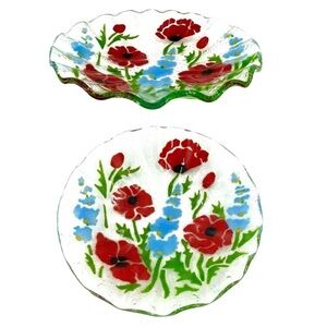 Fused Glass Plate Red Poppy Blue Delphinium Floral Scalloped Edge Botanical Art
